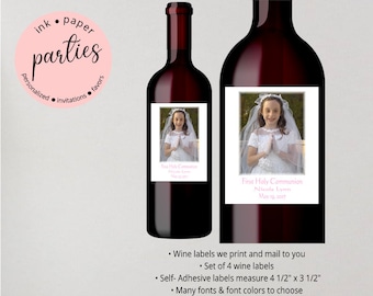 Communion Baptism Confirmation ~ YOUR PHOTO ~ Religious Wine Labels Wrappers Party Favors Favor Personalized Custom - We Print & Mail