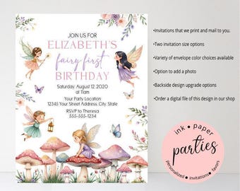 May include: A whimsical invitation for Elizabeth's first birthday, featuring watercolor illustrations of fairies, mushrooms, and flowers. The invitation includes the party details and the text "ink paper parties".