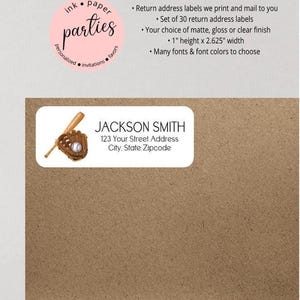 Baseball Bat Glove Ball Sports Return Address Labels Personalized Custom - We Print and Mail to You!