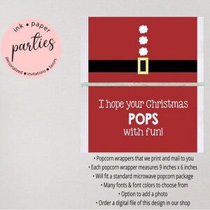 Holiday Christmas Santa Popcorn Party Wrappers Favors ~ We Print and Mail to You
