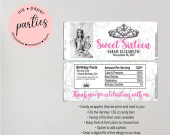 Sweet 16 Sixteen ~ YOUR PHOTO ~ Birthday Princess Tiara Crown Party Candy Wrappers Favors Personalized Custom ~ We Print and Mail to You