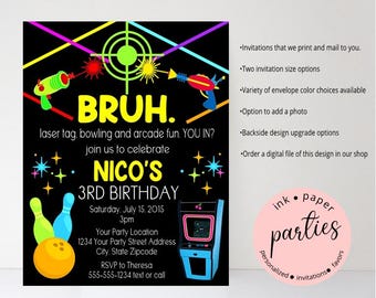 Bowling, Laser Tag, Arcade Invitation - Games, Sports Birthday Party Invitations - Personalized Gaming Invitations