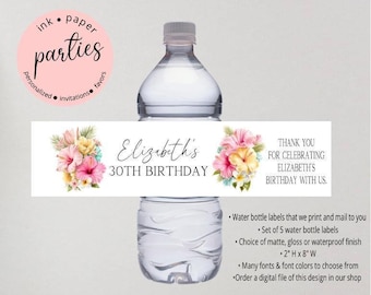 Etiquetas para botellas de agua estilo luau - Etiquetas de flores tropicales - Etiquetas para recuerdos de luau - Etiquetas para fiestas de cumpleaños estilo luau - Despedida de soltera, graduación, baby shower