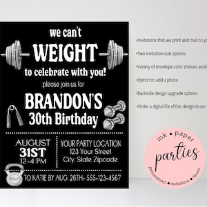 CrossFit, Workout. Muscle Man, Body Builder, WOD, Fitness, Gym, Barbell Weights Invitation -Birthday Party Invitations Personalized