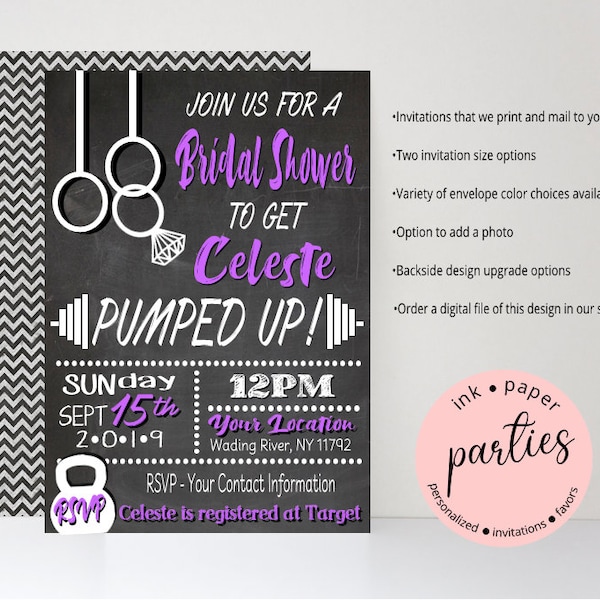 Wedding Bridal Shower Rehearsal Dinner Engagement Fitness WOD Gym Barbell Weights Rings Kettlebell Party Chalkboard Invitations Personalized