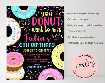Donuts and Pajamas Birthday Chalkboard Party Invitations Invites Personalized Custom~ We Print and Mail to You
