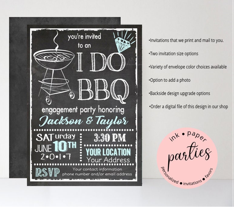 I Do BBQ Grill Barbeque Wedding Shower Engagement Dinner Party Chalkboard Party Invitations Invites We Print and Mail to You