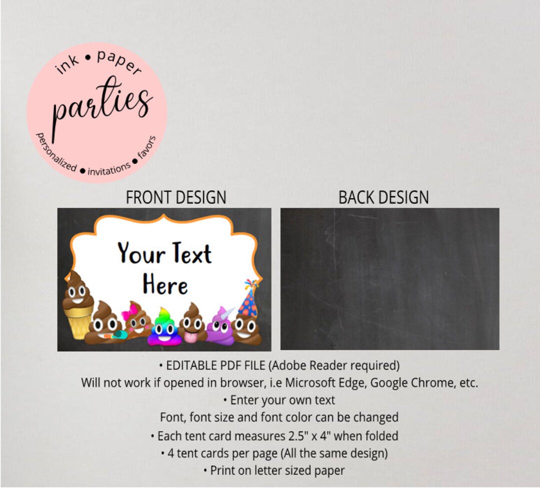 Editable Emojis Emoji Poop Birthday Party Food Labels Place Table Tent ...