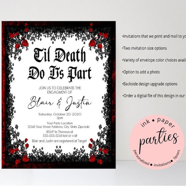 Invitación de boda gótica - Invitaciones para despedida de soltera con rosas rojas - Invitación para despedida de soltera de Halloween - Invitación de boda con flores de Halloween