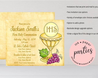 Chalice First Holy Communion Baptism Confirmation Religious Party Invitations Invites Personalized Custom