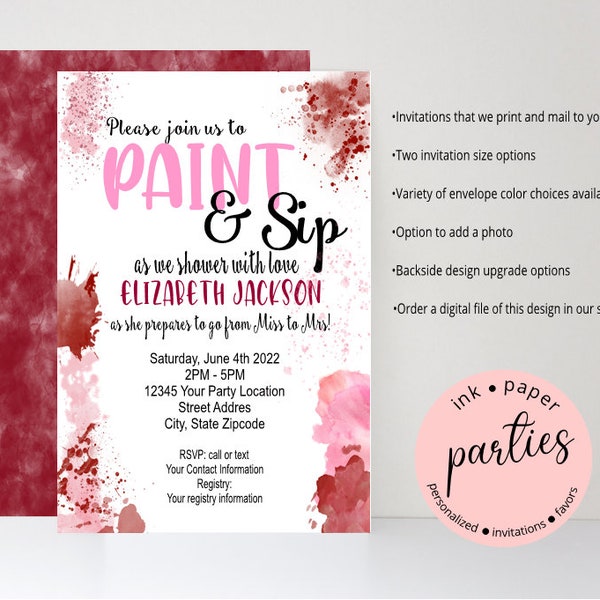 Paint and Sip Art Paint Painting Birthday Bridal Shower Party Invitations Invites Personalized Custom ~ We Print and Mail to You