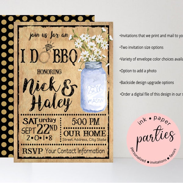 I Do BBQ Mason Jar Daisy Daisies Flowers  Barbeque Wedding Shower Engagement Dinner Party Chalkboard Party Invitations Invites