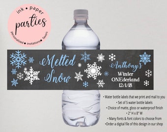 Winter Wonderland  "Melted Snow" Snowflakes Holiday or Birthday Party Favors Favor Water Bottle Labels Wrappers - We Print and Mail to you!