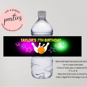 Glow in the Dark Theme Party Bowling Neon Birthday Party Favors Favor Water Bottle Labels Wrappers Personalized Custom - We Print and Mail