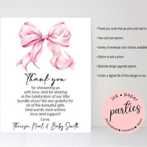 Pink Bow Baby Shower Thank You Cards - Baby Shower Note Card - Thank You Notes - Photo Thank You - Bridal Shower, Birthday Thank You Cards image 2
