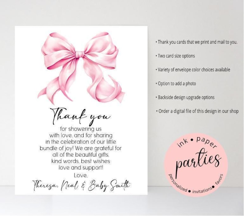 Pink Bow Baby Shower Thank You Cards - Baby Shower Note Card - Thank You Notes - Photo Thank You - Bridal Shower, Birthday Thank You Cards image 2