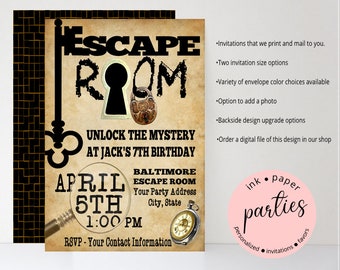 Escape Room Mystery Puzzle Birthday Party Invitations Invites Personalized Custom ~ We Print and Mail to You