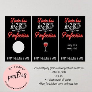 Aged to Perfection Wine - ANY AGE - Birthday Party Scratch Off Tickets Cards Favor Favors Game - We Print and Mail to you!