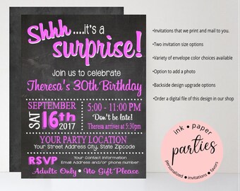 Surprise Party ~ ANY COLORS~ Chalkboard Birthday Party Invitations Invites ~ We Print and Mail to You