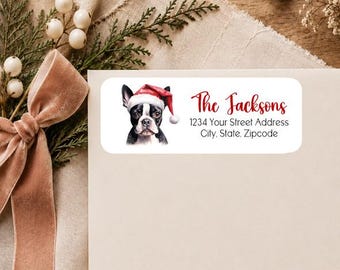 Christmas Holiday Santa Boston Terrier Dog Puppy Animals Pets Pet Return Address Labels Personalized Custom ~ We Print and Mail to You