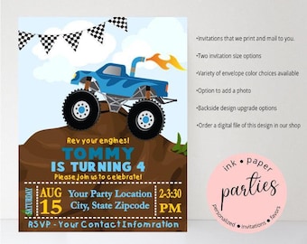Monster Truck - Birthday Party Invitations - Personalized Custom Invites - We Print and Mail to You