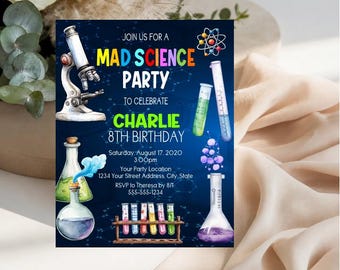 May include: A rectangular invitation card with a dark blue background featuring a white microscope, colorful test tubes, beakers, and an atom graphic. Text reads: JOIN US FOR A MAD SCIENCE PARTY TO CELEBRATE CHARLIE 8TH BIRTHDAY, Saturday, August 17, 2020.