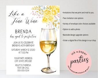 Wine - Aged to Perfection - Birthday, Shower, Cocktail Party, Wedding - Party Invitations - Personalized Invites ~ We Print and Mail to You