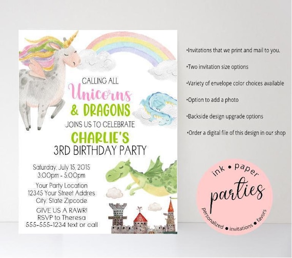 Dragon, Unicorn Invitation - Baby Shower, Birthday Party Invitations - Kids Invitation - Personalized Dragons & Unicorns Invites