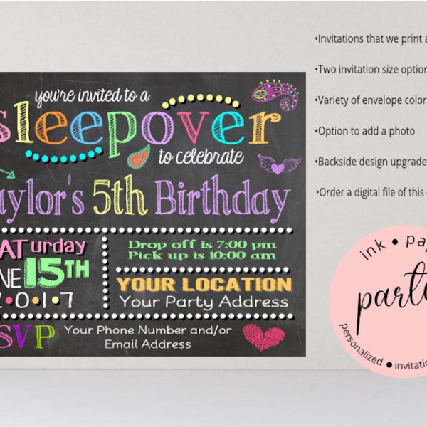 Sleepover Slumber Party Birthday Party Invitations Invites ~ We Print and Mail to You