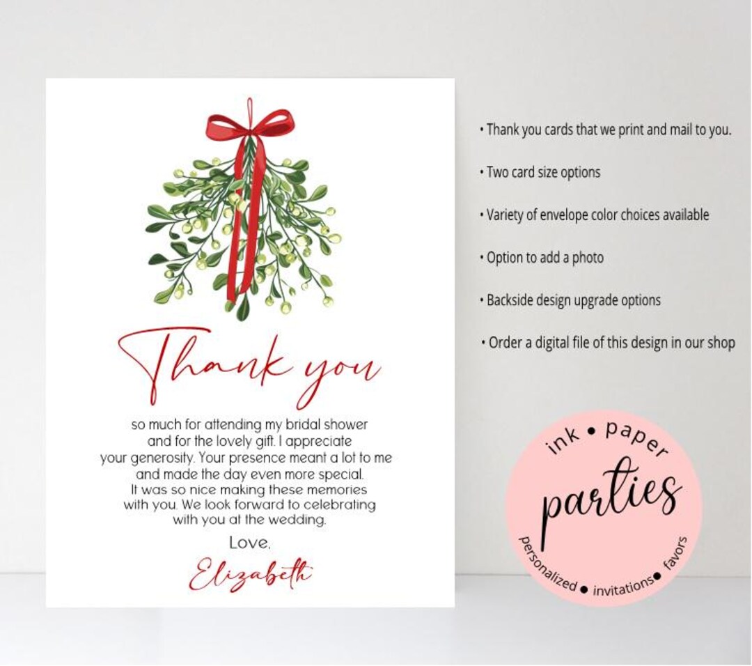 Mistletoe Thank You Cards - Bridal Shower Note Card - Baby Shower Thank ...