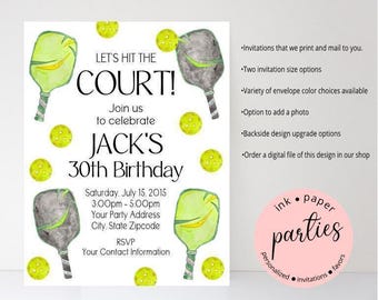 May include: A square invitation for Jack's 30th birthday, featuring watercolor pickleball paddles and balls. The text reads "Let's Hit the Court!" and includes party details. The design is accented with a pink logo for "ink paper parties".
