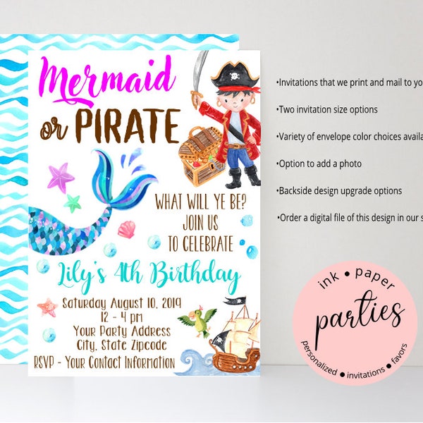 Mermaid & Pirate Birthday Party Invitations Invites Personalized Custom ~ We Print and Mail to You