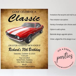 Vintage Classic Retro Car Birthday Party Invitations Invites Personalized Custom ~ We Print and Mail to You