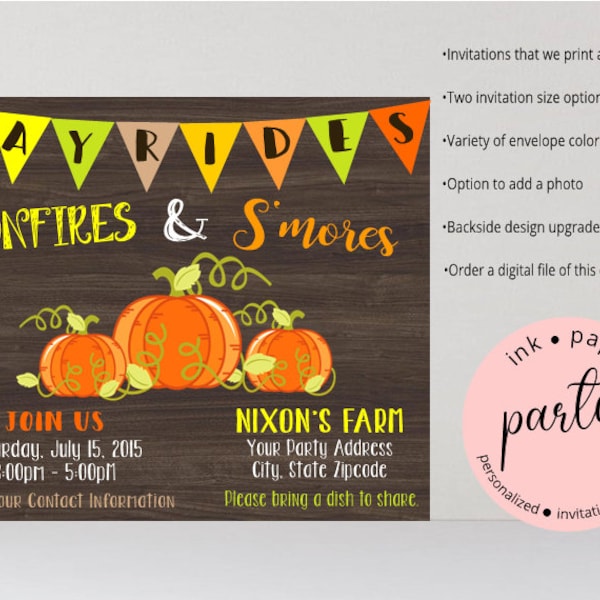 Fall Fest Hayrides, Bonfire, S'mores Pumpkin Fall Autumn Party Invitations Invites Personalized Custom Design ~ We Print and Mail to You