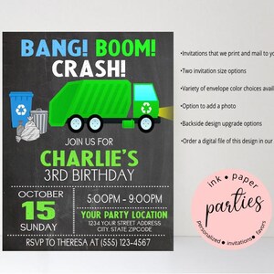 Garbage Truck Invitation - Recycle Trash Truck Invitations - Personalized Garbage Truck Birthday Party Invitations