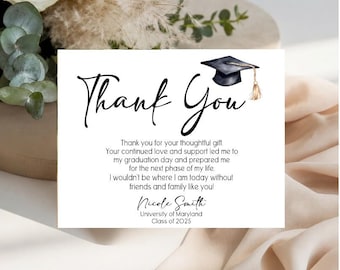 May include: A white rectangular graduation thank you card featuring the black script text Thank You with a black graduation cap and gold tassel illustration. The card includes printed text expressing gratitude and the name Nicole Smith University of Maryland Class of 2025.
