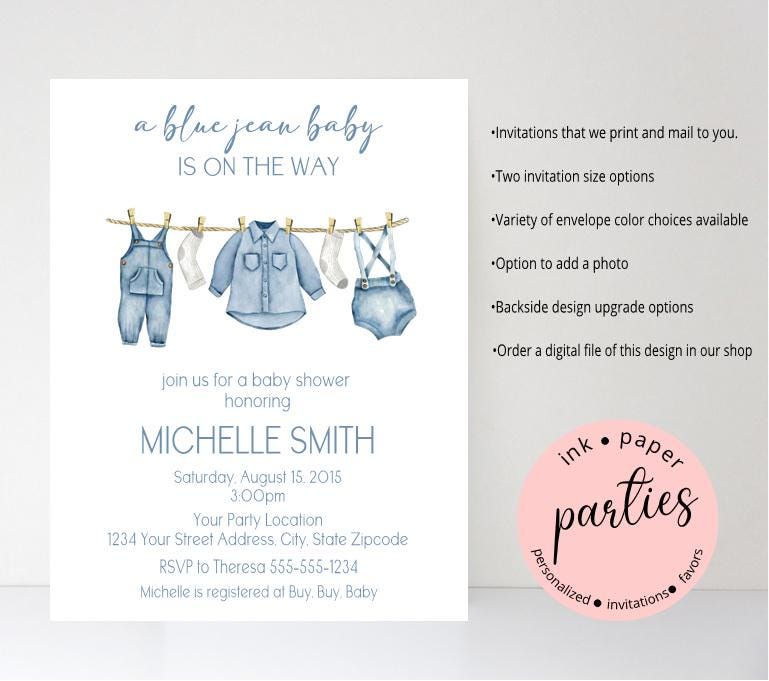 Blue Jean Baby Invitation -Baby Shower, Co-Ed Shower, Couples Shower, Baby Sprinkle, Gender Reveal - Denim Baby Shower Party Invitations