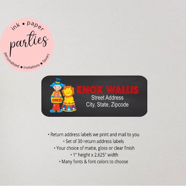 Circus Clown Carnival Chalkboard Birthday Party Return Address Labels Personalized Custom ~ We Print and Mail to You