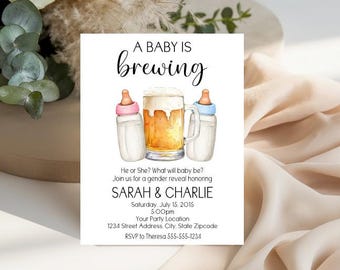 May include: A rectangular gender reveal invitation card featuring the text A BABY IS brewing above a watercolor illustration of a beer mug flanked by two baby bottles with pink and blue caps. The card includes event details for Sarah and Charlie.