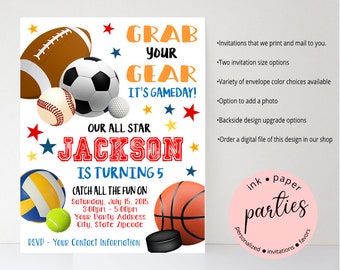 Sports Baseball Football Tennis Basketball Hockey Soccer Baby Shower or  Birthday Party Invitations Invites Personalized ~ We Print and Mail