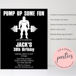CrossFit, Workout. Muscle Man, Body Builder, WOD, Fitness, Gym, Barbell Weights Invitation -Birthday Party Invitations Personalized