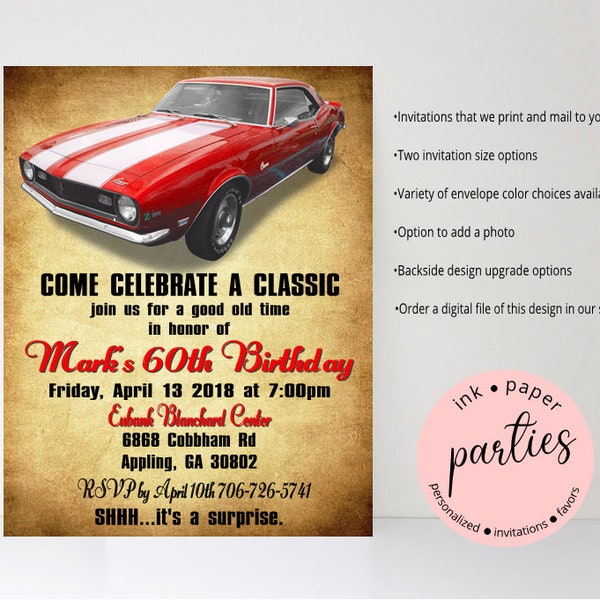Vintage Classic Retro Car Birthday Party Invitations Invites Personalized Custom ~ We Print and Mail to You