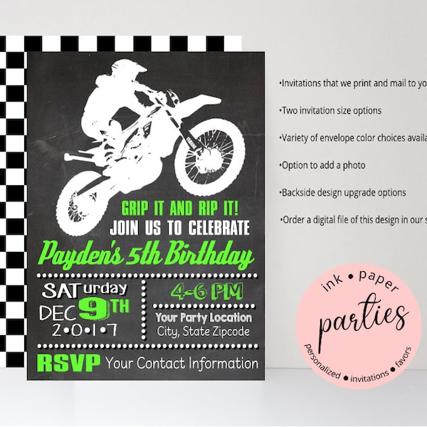 Dirt Bike Motorcycle Motorcross Chalkboard Birthday Party Invitations Invites Personalized Custom ~ We Print and Mail to You