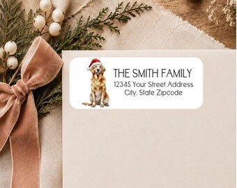 Golden Retriever - Santa Dog, Puppy - Christmas Holiday - Animal, Pet - Return Address Labels Personalized Stickers - We Print & Mail