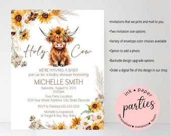 Highland Cow Sunflowers Baby Shower Invitation - Baby Shower, Co-Ed, Couples Shower, Gender Reveal - Boho Cow Baby Shower Party Invitations