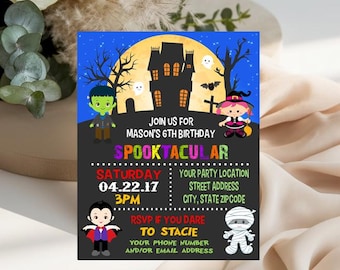 May include: A rectangular Halloween-themed birthday invitation card featuring a haunted house, a full moon, and cartoon characters including a vampire, witch, mummy, and Frankenstein's monster. Text reads: JOIN US FOR MASON'S 6TH BIRTHDAY SPOOKTACULAR.