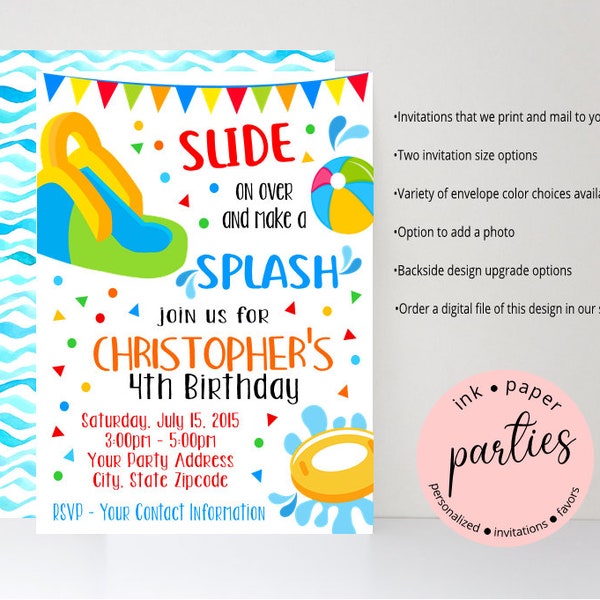 Waterslides Water Slide Pool Swim Swimming Birthday Party Invitations Invites ~ We Print and Mail to You