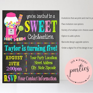 Candy Invitation - Sweets Bubblegum Bubble Gum Lollipops Birthday Chalkboard Party Invitations Invites Personalized - We Print and Mail