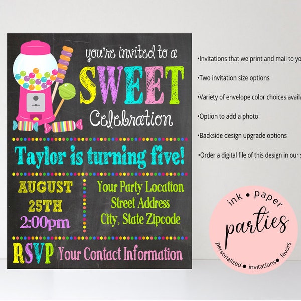 Candy Sweets Bubblegum Bubble Gum Lollipops Birthday Chalkboard Party Invitations Invites Personalized Custom~ We Print and Mail to You