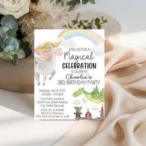 May include: A rectangular birthday party invitation card featuring a watercolor illustration of a unicorn with a rainbow, a green dragon, and a castle. The text reads: JOIN US FOR A Magical CELEBRATION TO CELEBRATE Charlie's 3RD BIRTHDAY PARTY.